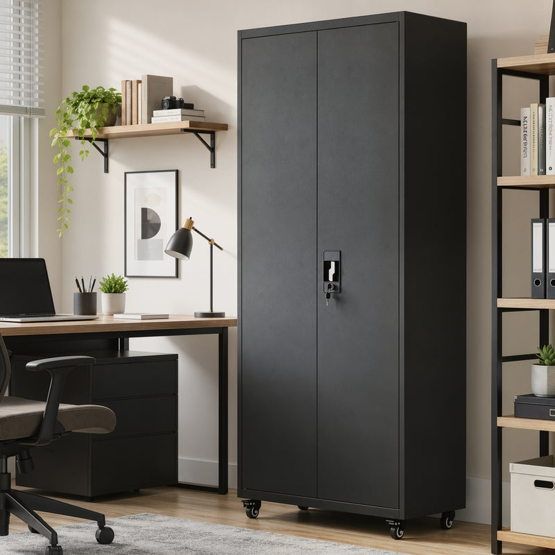 180cm Lockable Steel Tool Cabinet with Wheels & Adjustable Shelves – Black – image 8 of 9