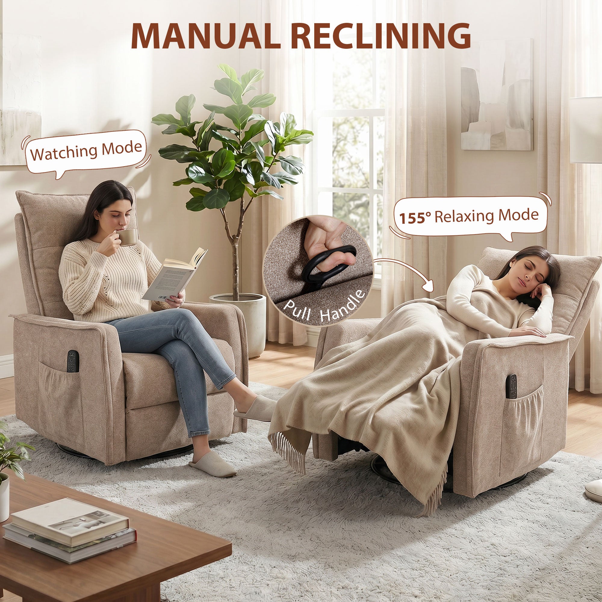 Recliner Armchair, Chenille Recliner Chair with Massage and Heat, 360° Swivel Rocking Manual Recliner, Brown