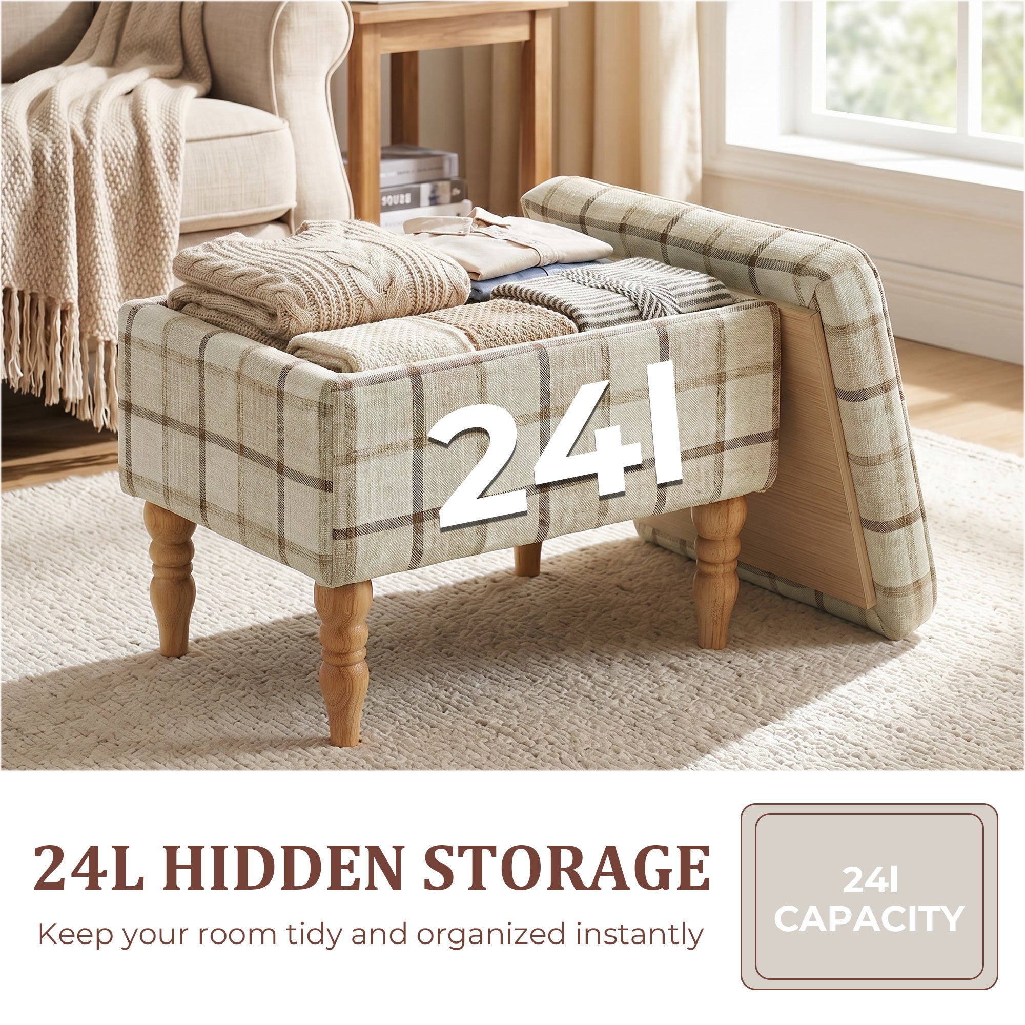 Linen Fabric Upholstered Footstool, Rectangular Storage Stool with Removable Top, Padded Seat and Hidden Space, Brown