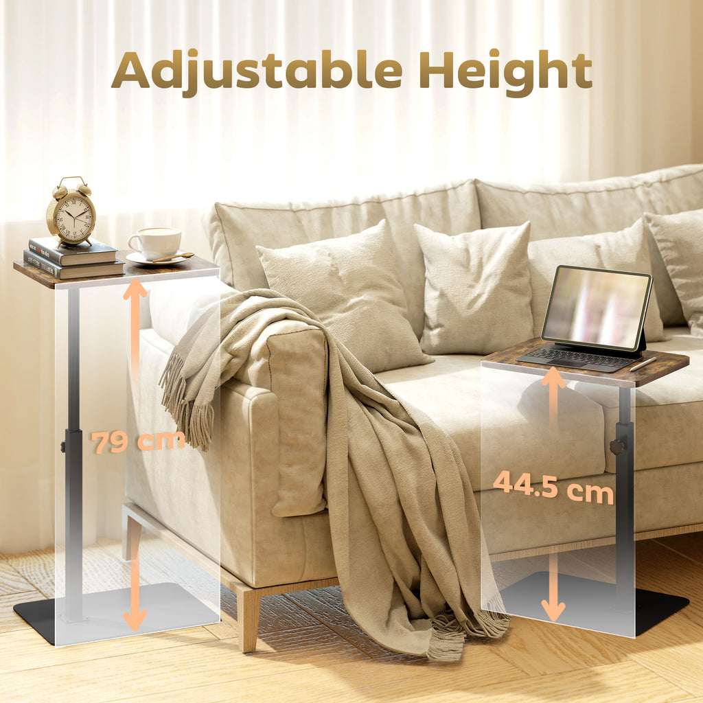 C Shaped Side Table, Small End Table with Adjustable Height and Metal Base for Living Room, Bedroom, Rustic Brown