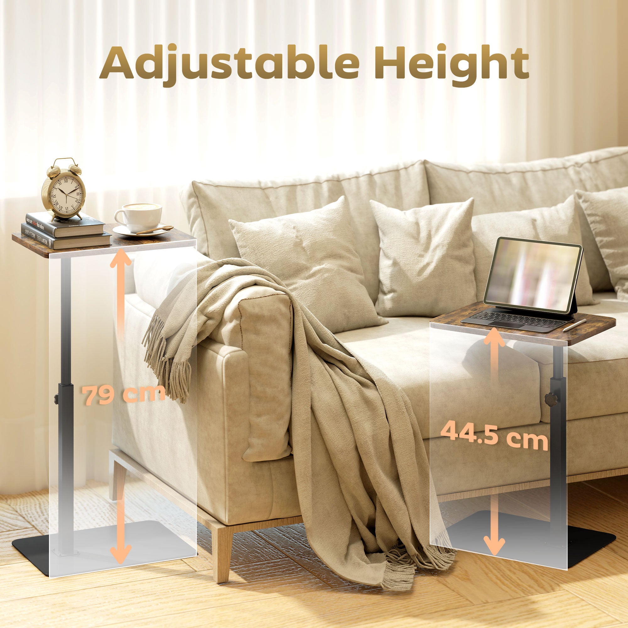 C Shaped Side Table, Small End Table with Adjustable Height and Metal Base for Living Room, Bedroom, Rustic Brown