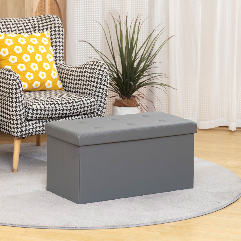 Storage Ottoman Bench, 89L PU Leather Folding Foot Rest Stool, End of Bed Bench, Easy Assembly, for Living Room, Bedroom, Entryway, Grey