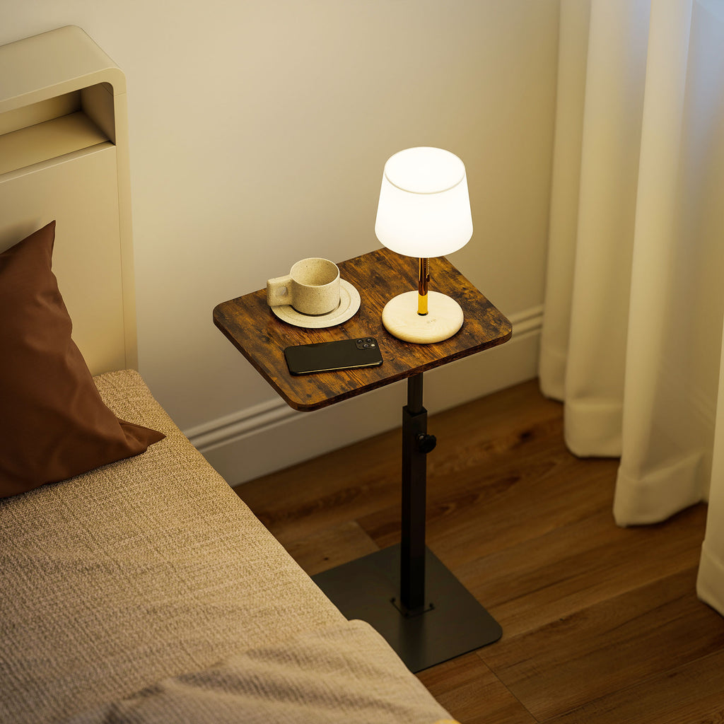 C Shaped Side Table, Small End Table with Adjustable Height and Metal Base for Living Room, Bedroom, Rustic Brown