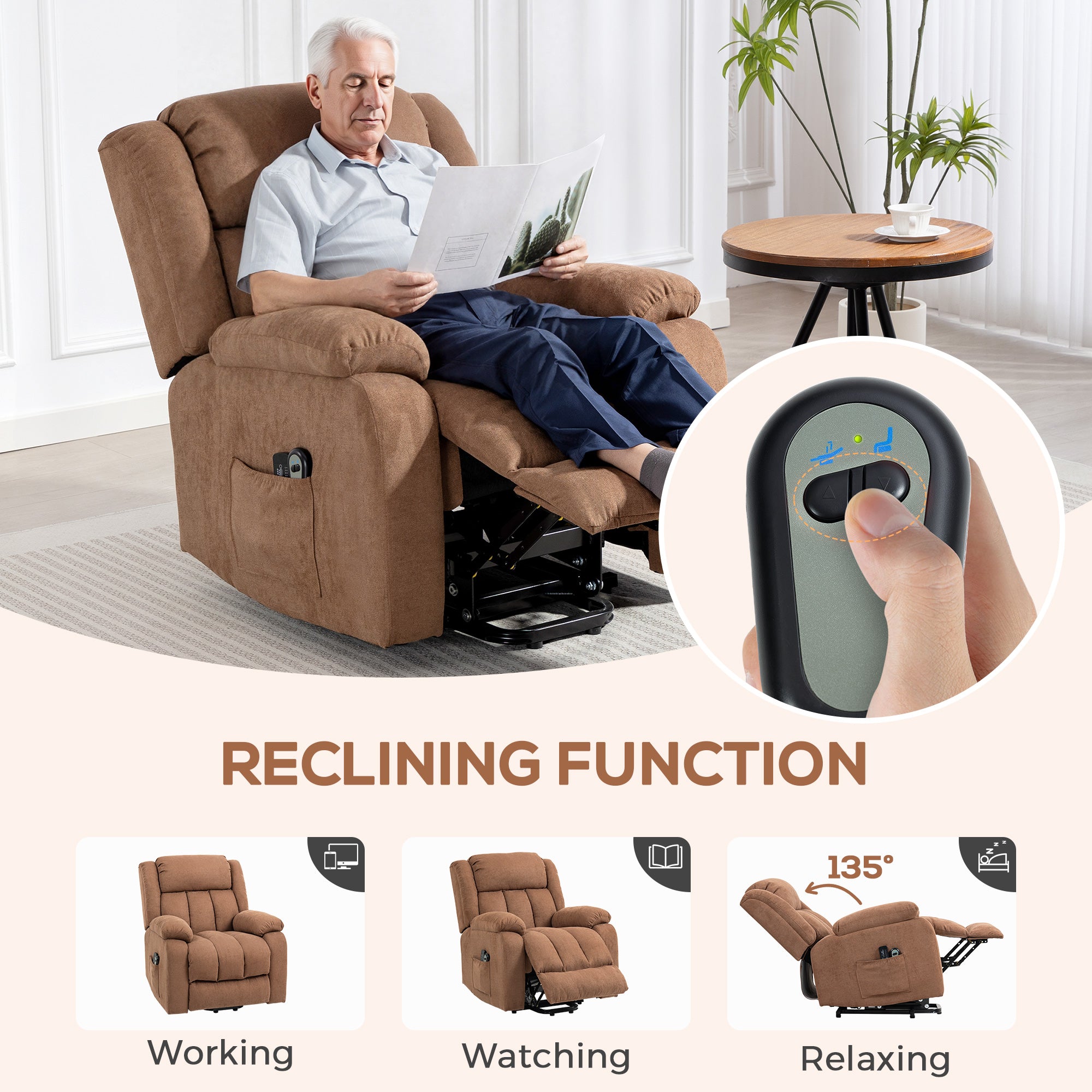 Power Lift Recliner Chair with Vibration Massage, Lift Chair for Elderly with Footrest, Remote, Side Pocket, Brown