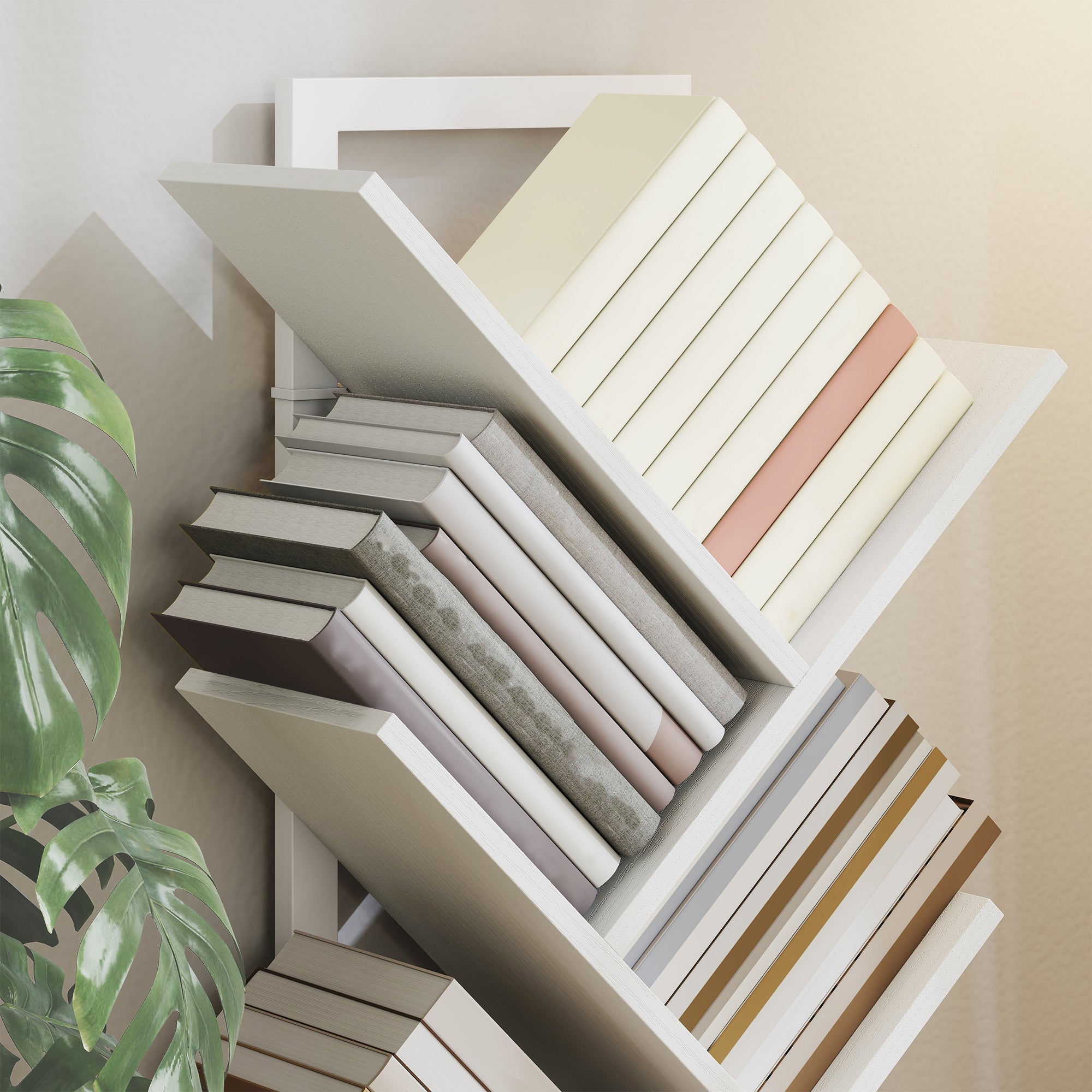 9-Tier Tree Bookshelf, Industrial Free Standing Bookcase with Steel Frame, Display Storage White