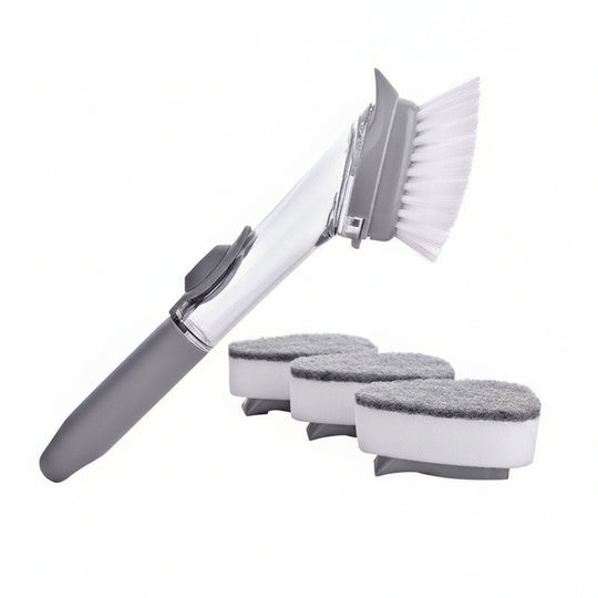 Cleaning brush set with handle and three sponge heads on a white background