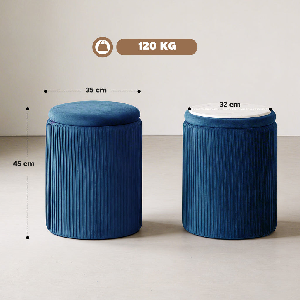 Storage Ottoman Modern Velvet Round Foot Stool for Living Room Bedroom 45 cm Blue