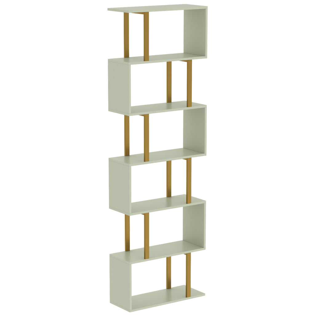 S-Shaped Bookshelf, 6-Tier Bookcase, Freestanding Storage Shelves with Anti-Tip Strap, Light Green