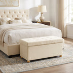 Velvet Upholstered Foldable Ottoman Footrest, Storage Ottoman Bench with Wood Legs for Living Room, Cream White