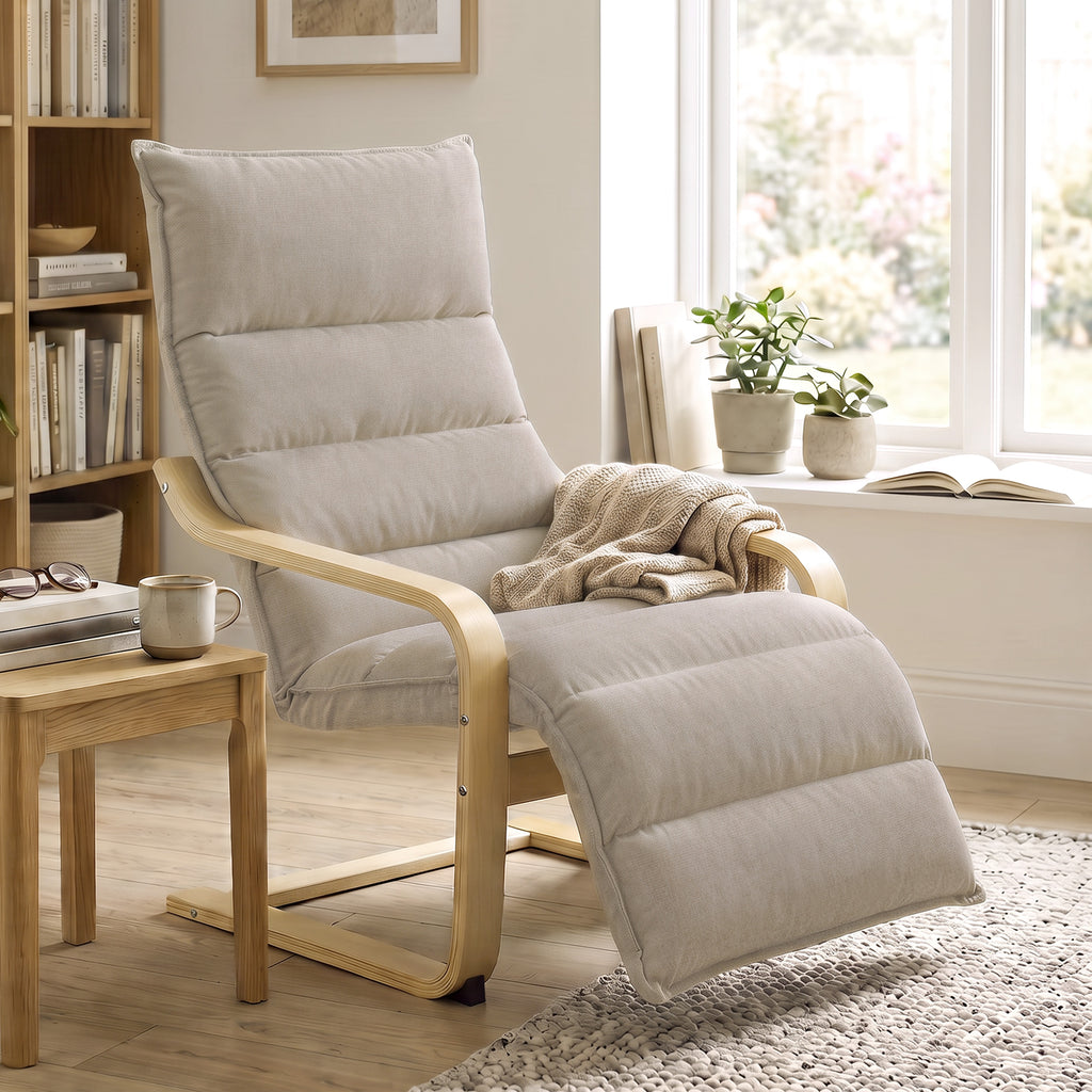 Curved Wooden Accent Chair, Armchair with Adjustable Footrest, Light Brown