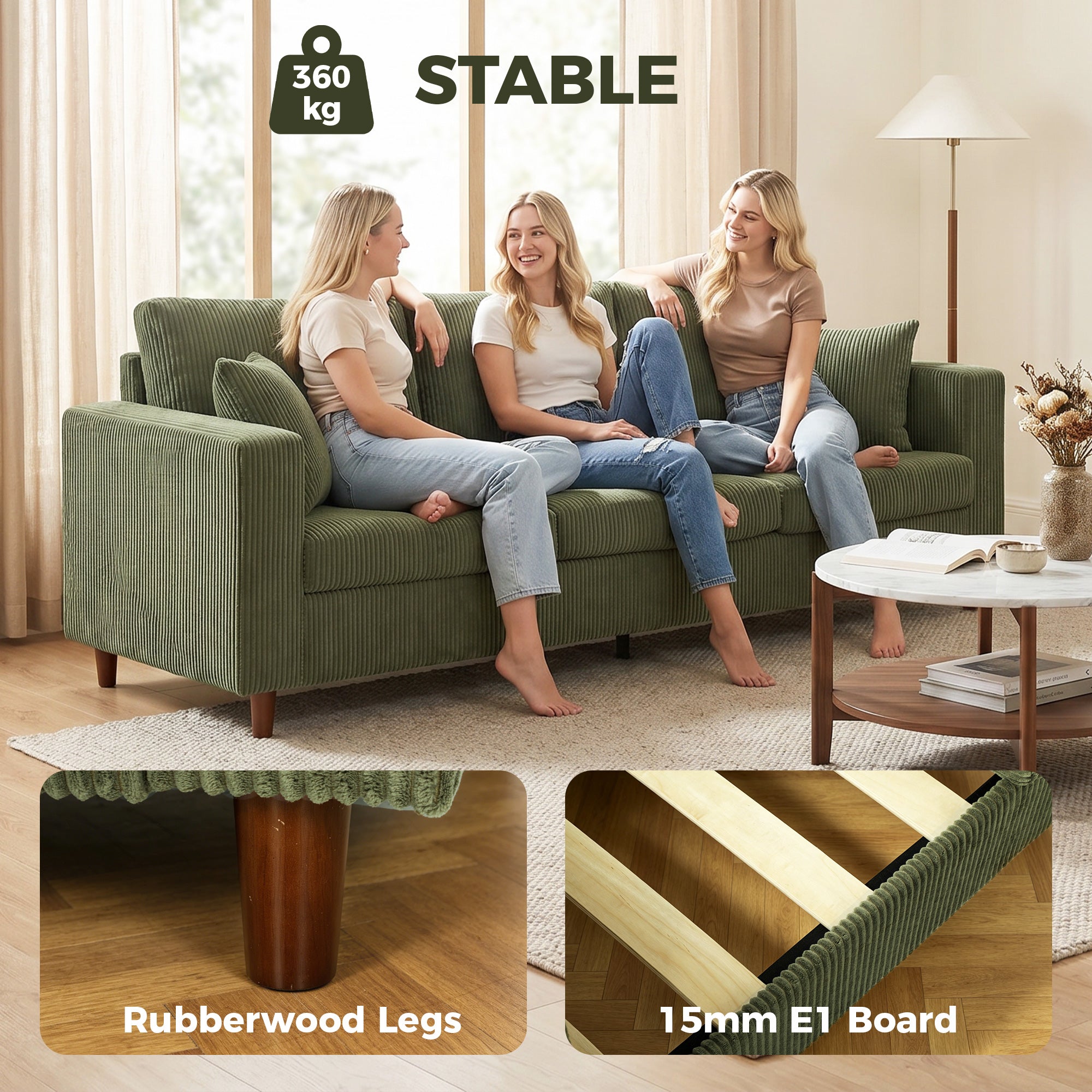 3 Seater Sofa with Wide Seat, Corduroy Fabric Couch with Deep Seat, Spring Cushion, Green