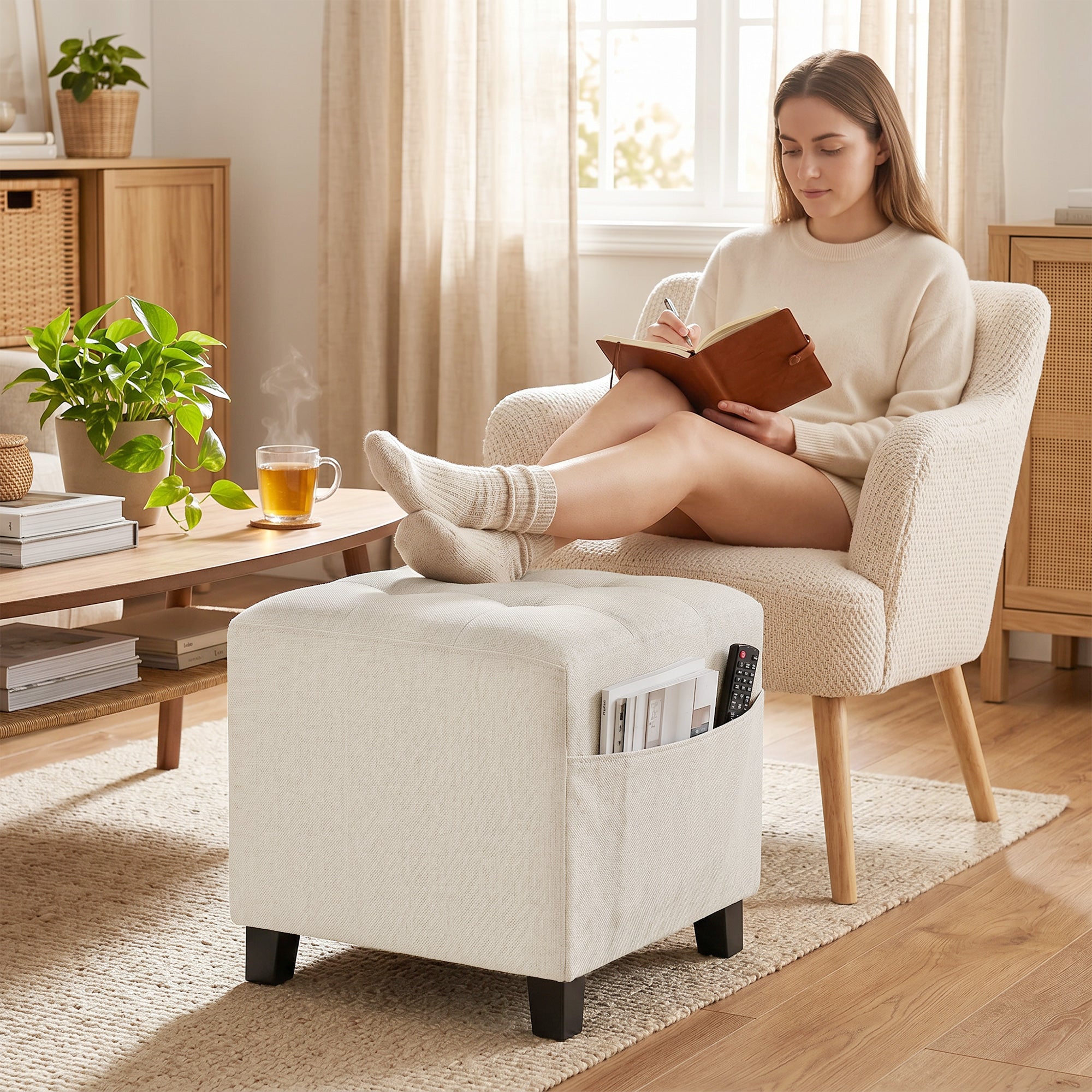 Small Ottoman, Square Footstool with Side Pocket, Rubber Wood Legs and Padded Seat for Living Room, Beige