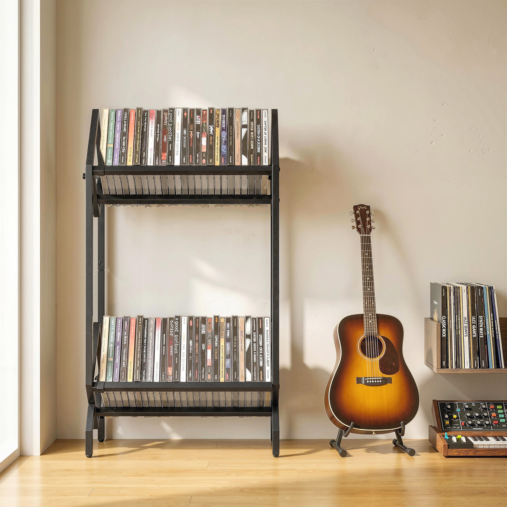 50 CD Storage Rack, 2-Tier Metal CD Storage Unit, Free Standing, Easy to Assemble, Black