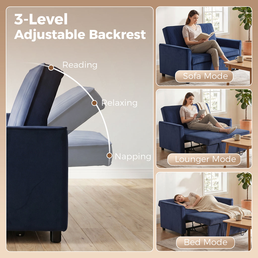 2 Seater Sofa Bed, 3-in-1 Convertible Pull Out Sleeper Sofa with Click-Clack Adjustable Backrest, Dark Blue