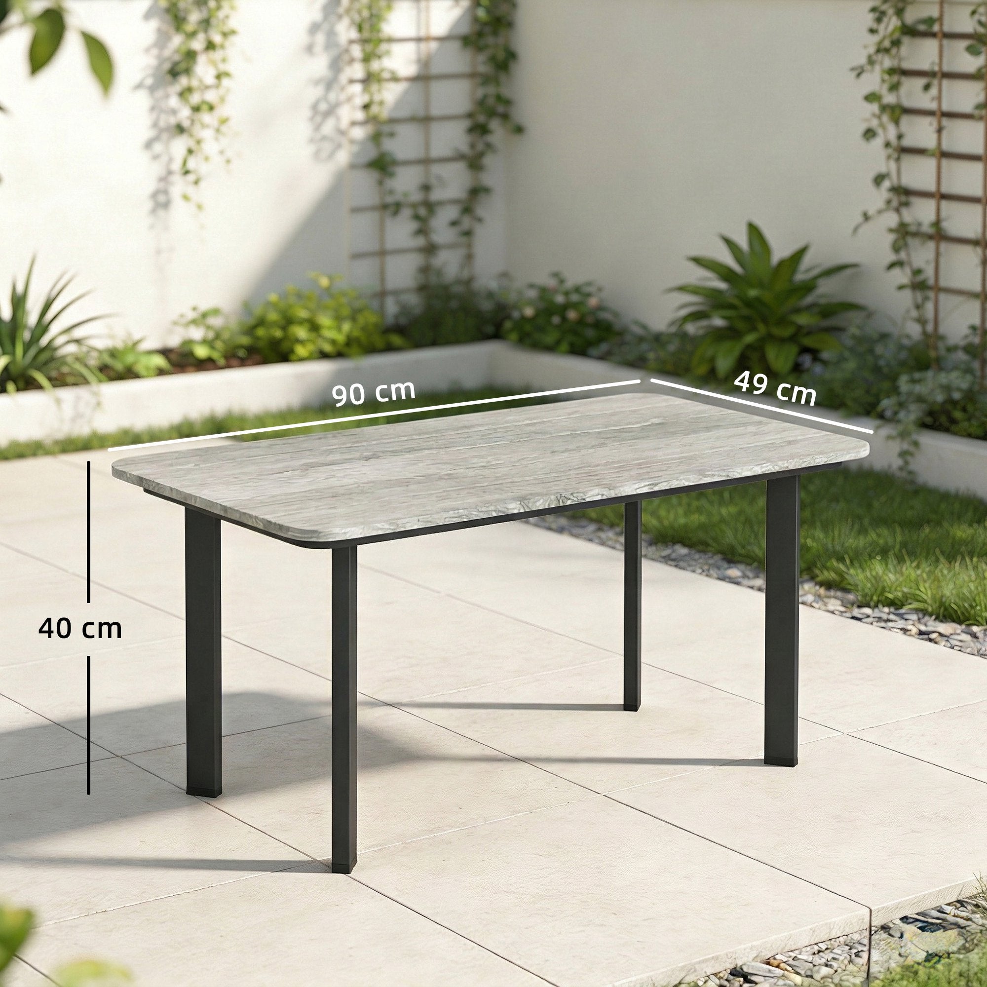 Outdoor Garden Coffee Table, Garden Table with Slatted Wood Plastic Composite Top and Metal Frame, Grey