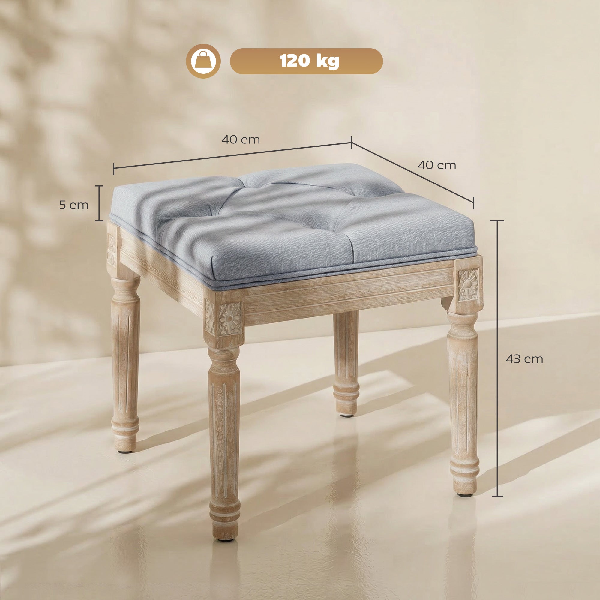 Vintage Foot Stool, Tufted Square Footrest with Wood Legs, Light Grey