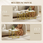Nesting Coffee Tables, Set of 3 Square Side Tables with Gold Metal Frame, for Living Room, Bedroom and Office, White