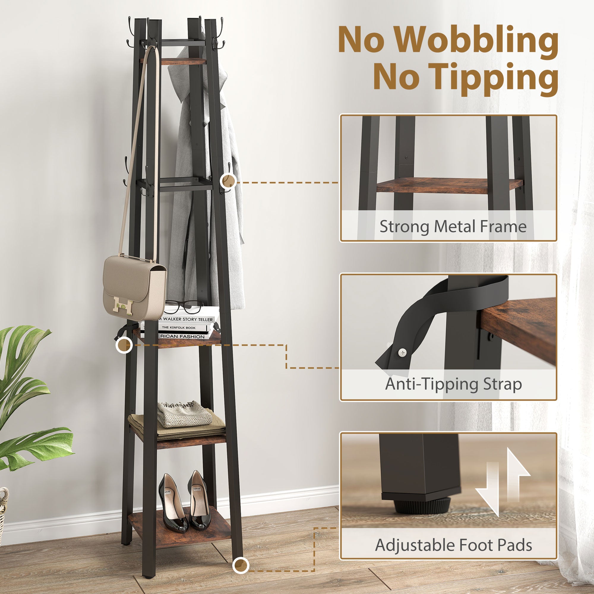Industrial-Style Four Shelf Coat Stand - Brown/Black