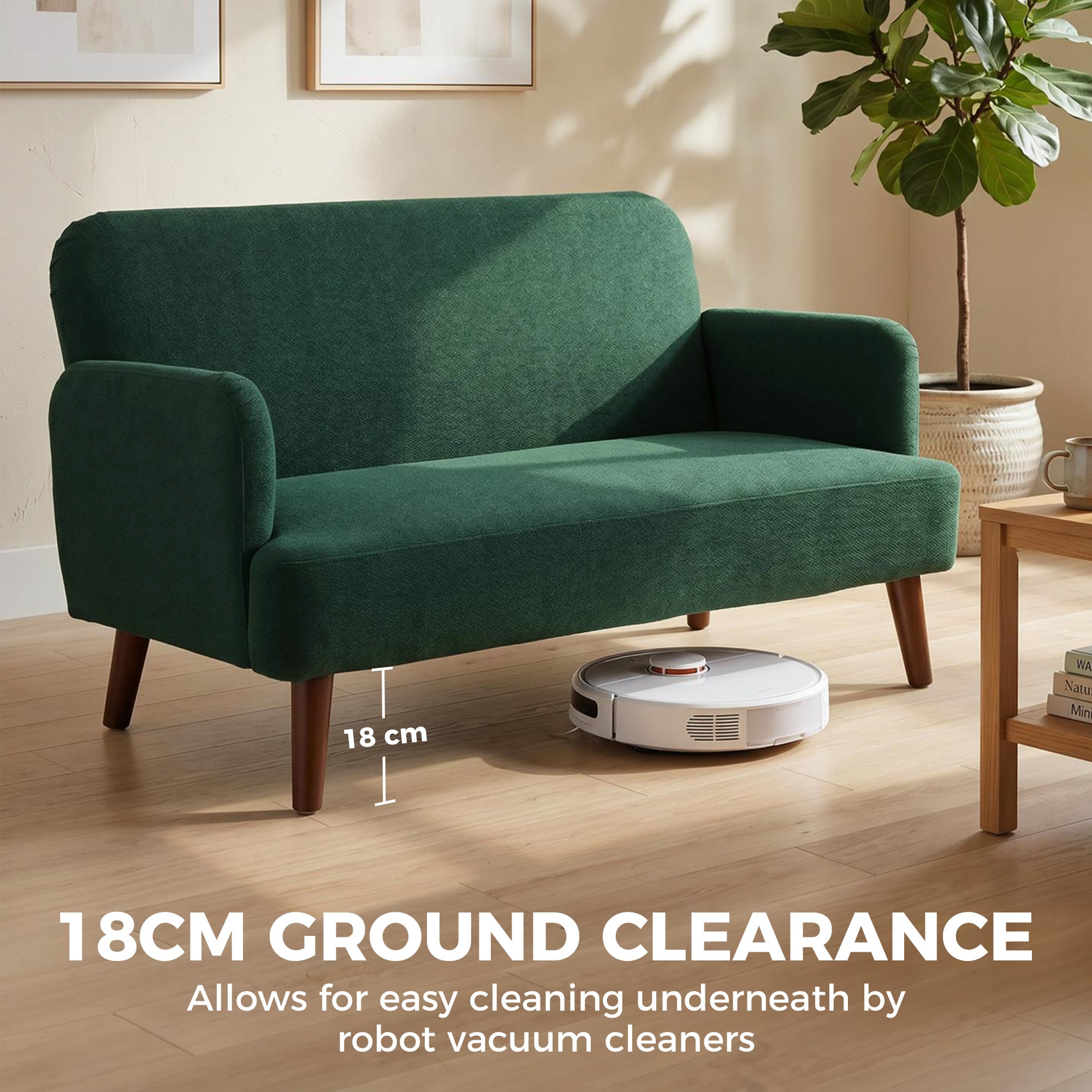 Velvet Feel Fabric 2 Seater Sofa, Small Sofa Loveseat with 21cm Thick Padding and Wood Legs, Dark Green