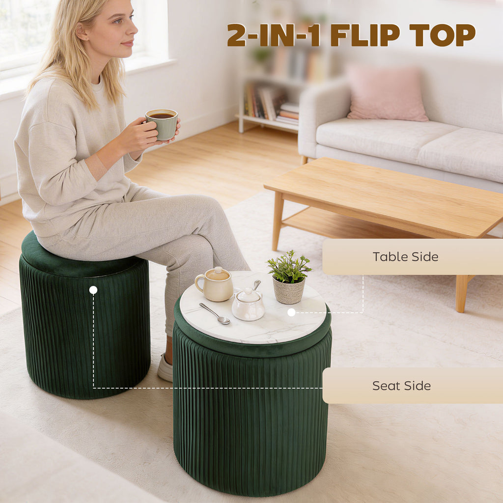 Storage Ottoman Modern Velvet Round Foot Stool for Living Room Bedroom 45 cm Dark Green