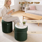 Storage Ottoman Modern Velvet Round Foot Stool for Living Room Bedroom 45 cm Dark Green