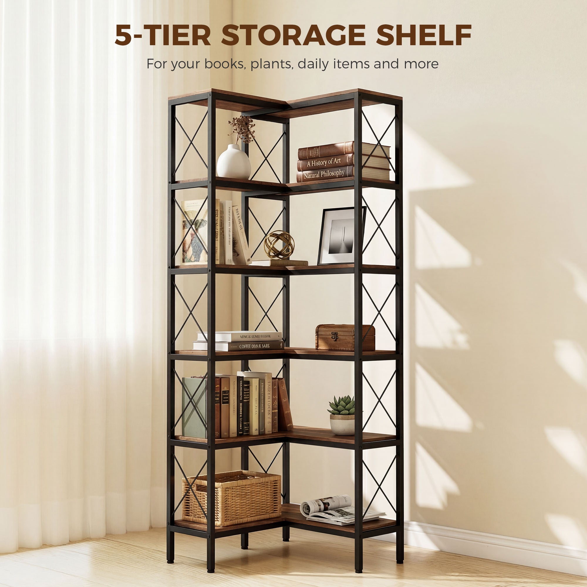 5-Tier L-Shaped Bookshelf, Freestanding Corner Bookcase with Metal Frame, Rustic Brown