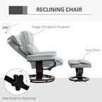 HOMCOM 360° Swivel Recliner Chair with Footstool, PU Leather Manual Recliner Armchair with Footstool, Solid Wood Base, Upholstered Reclining Chair for Living Room, Bedroom, Office, Light Grey