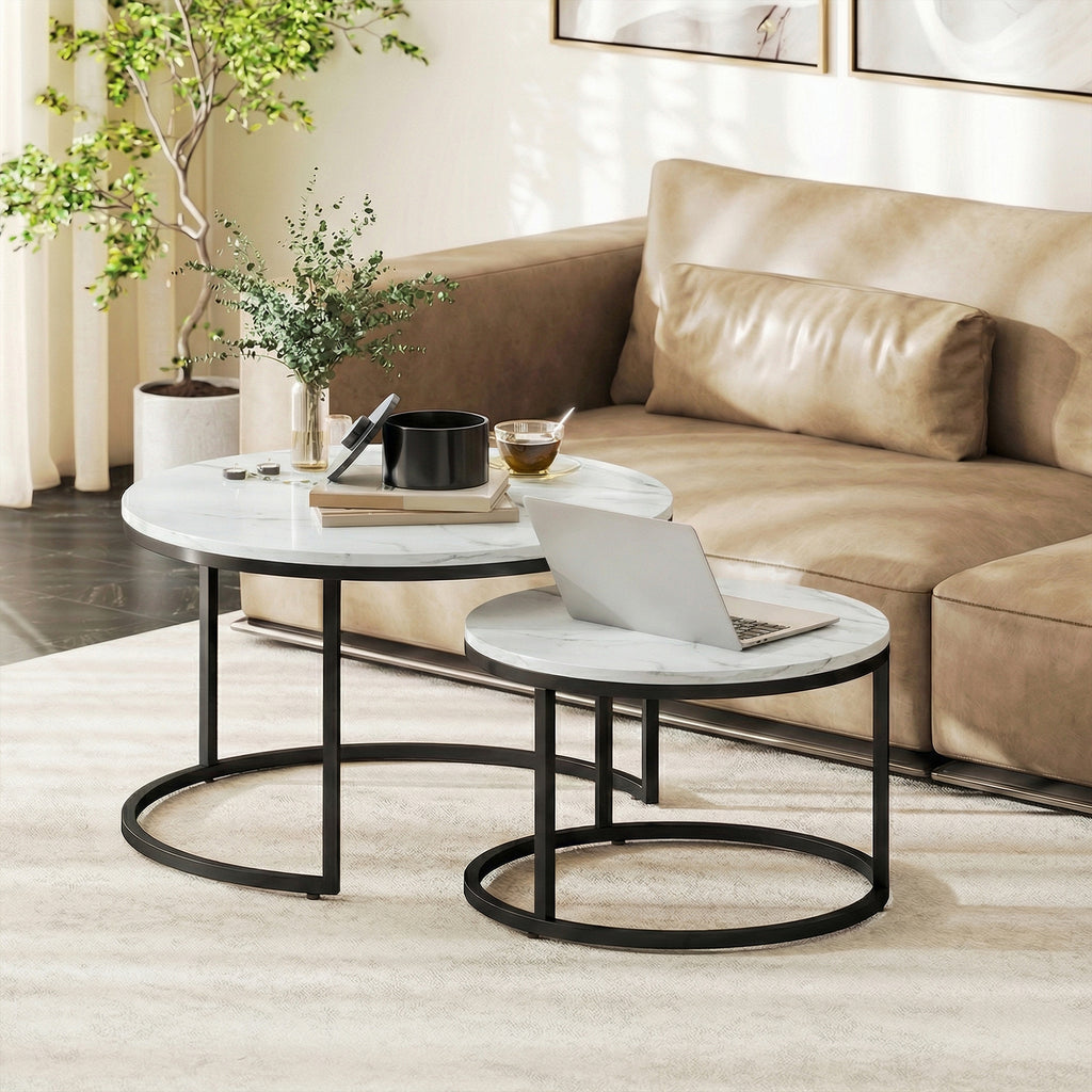 Set of Two Marble-Effect Stacking Tables - White
