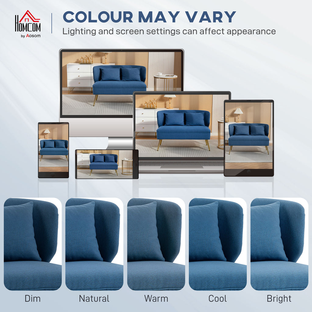 2 Seater Sofa, Linen-look Fabric Small Sofa with Wing Back, Thick Seat, Metal Legs, Dark Blue