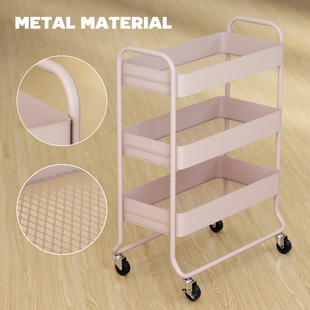 HOMCOM 3-Tier Storage Trolley on Wheels with Mesh Baskets - Light Pink