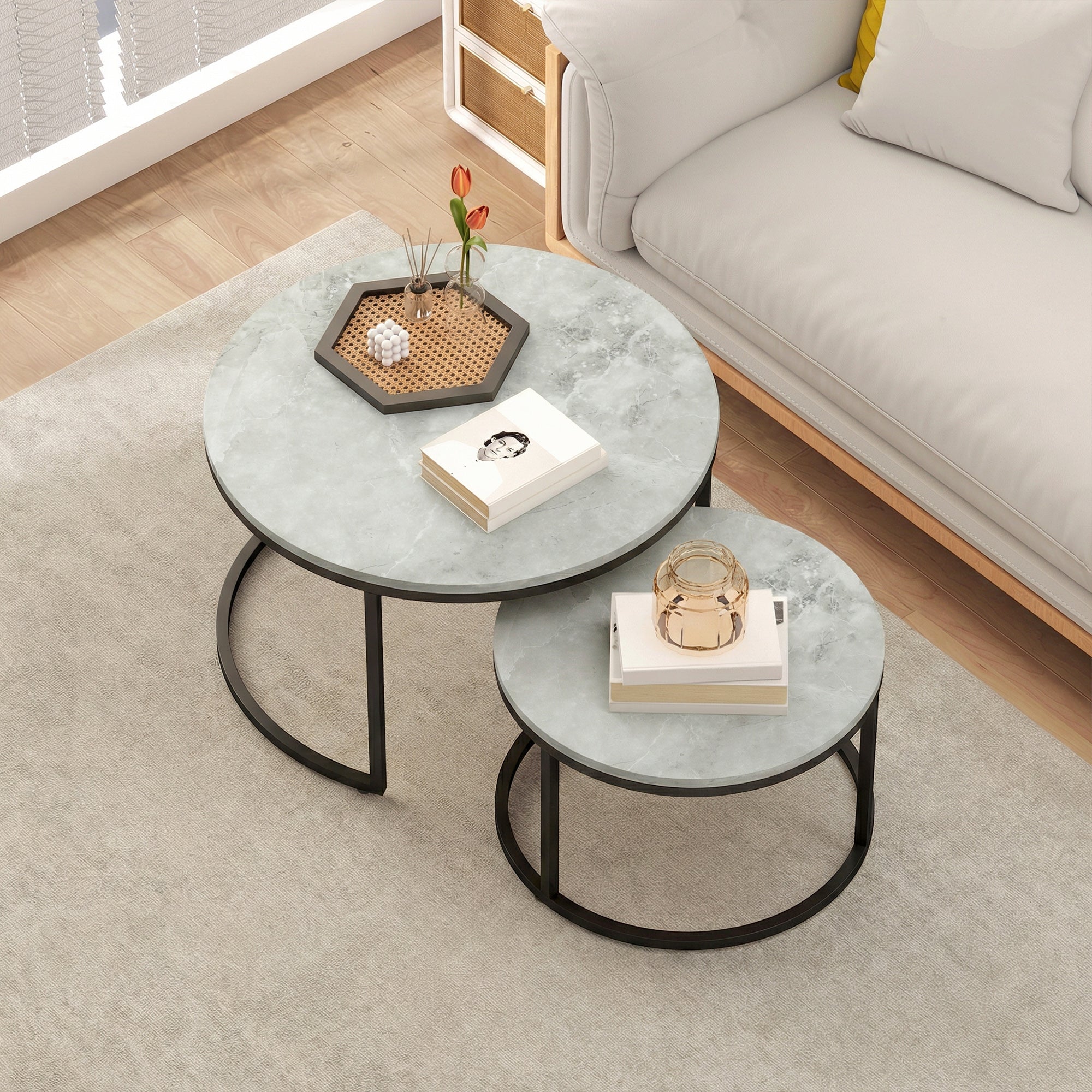 Set of Two Marble-Effect Stacking Tables - Grey