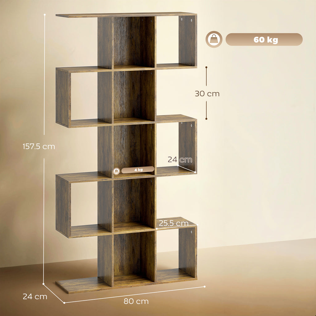 5-Tier Bookshelf, S Shaped Geometric Bookcase with 15 Compartments, Rustic Brown