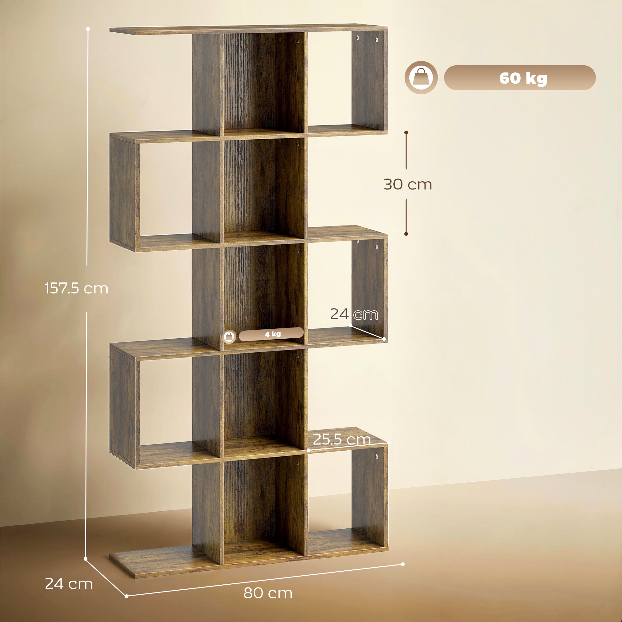 5-Tier Bookshelf, S Shaped Geometric Bookcase with 15 Compartments, Rustic Brown
