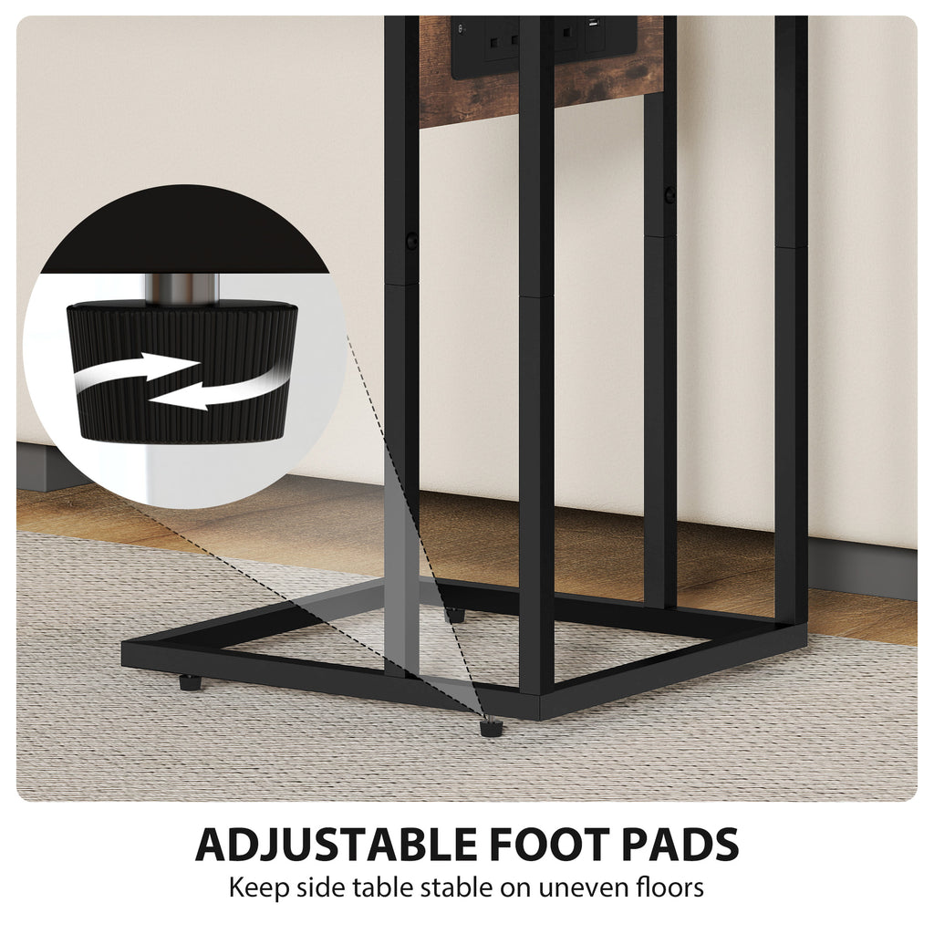 C Shaped Side Table with Charging Station and Foldable Top - Rustic Brown