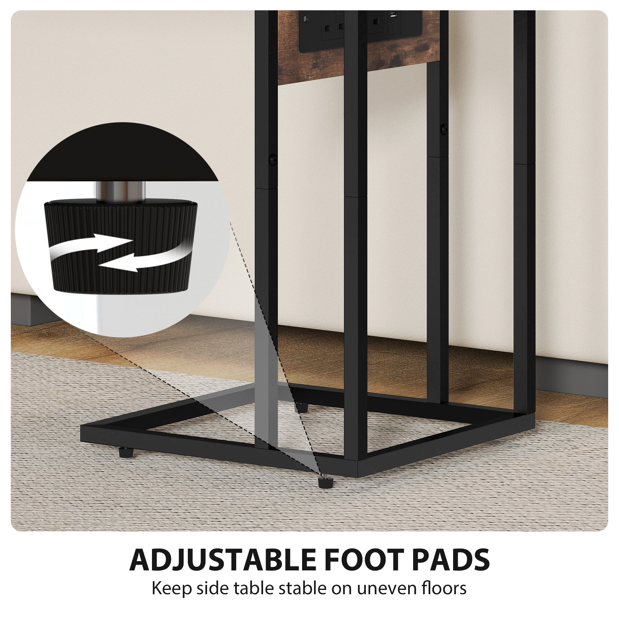 C Shaped Side Table with Charging Station and Foldable Top - Rustic Brown