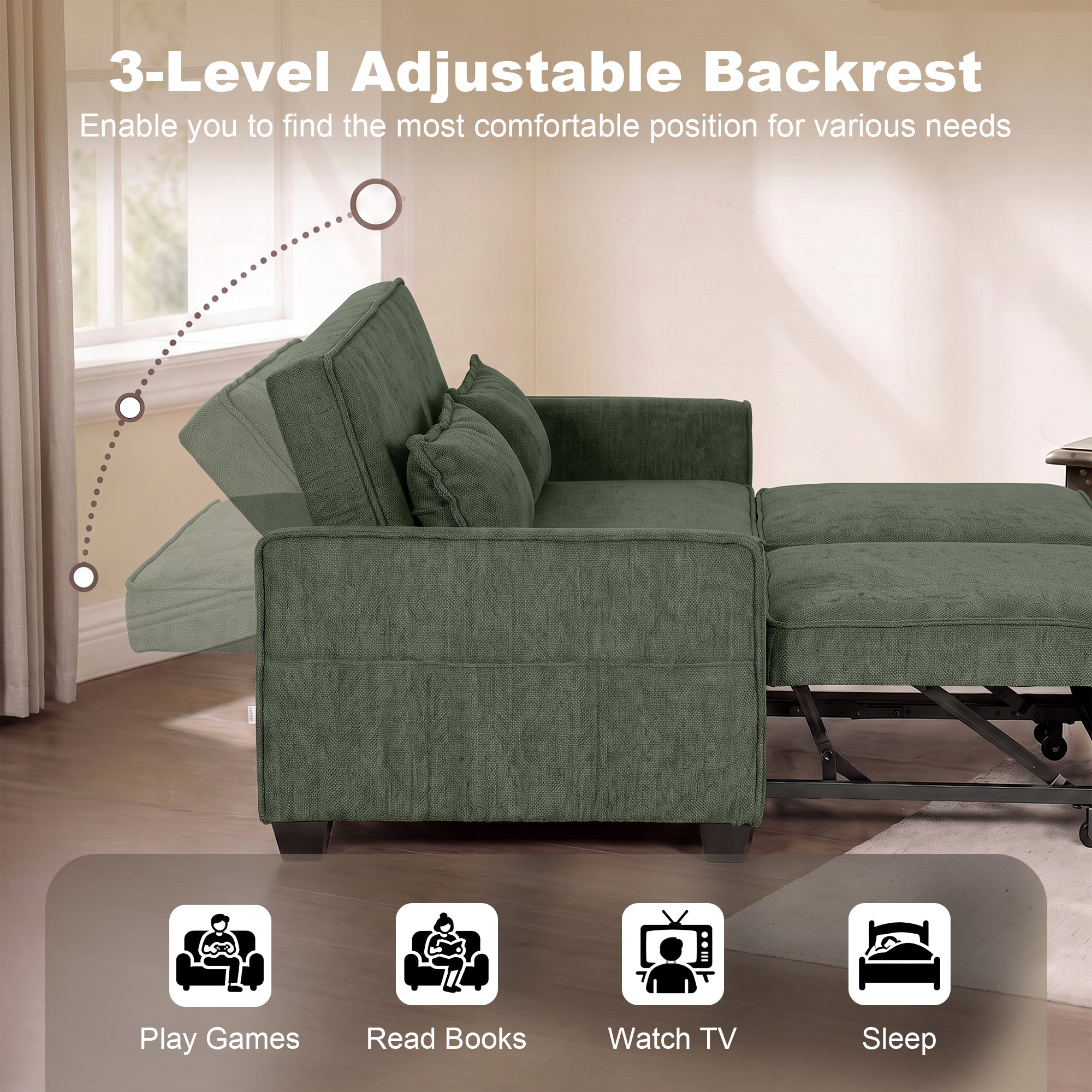 2 Seater Sofa Bed, 4-in-1 L-Shaped Convertible Pull-Out Sleeper Sofa with Adjustable Backrest Side Pockets, Dark Green