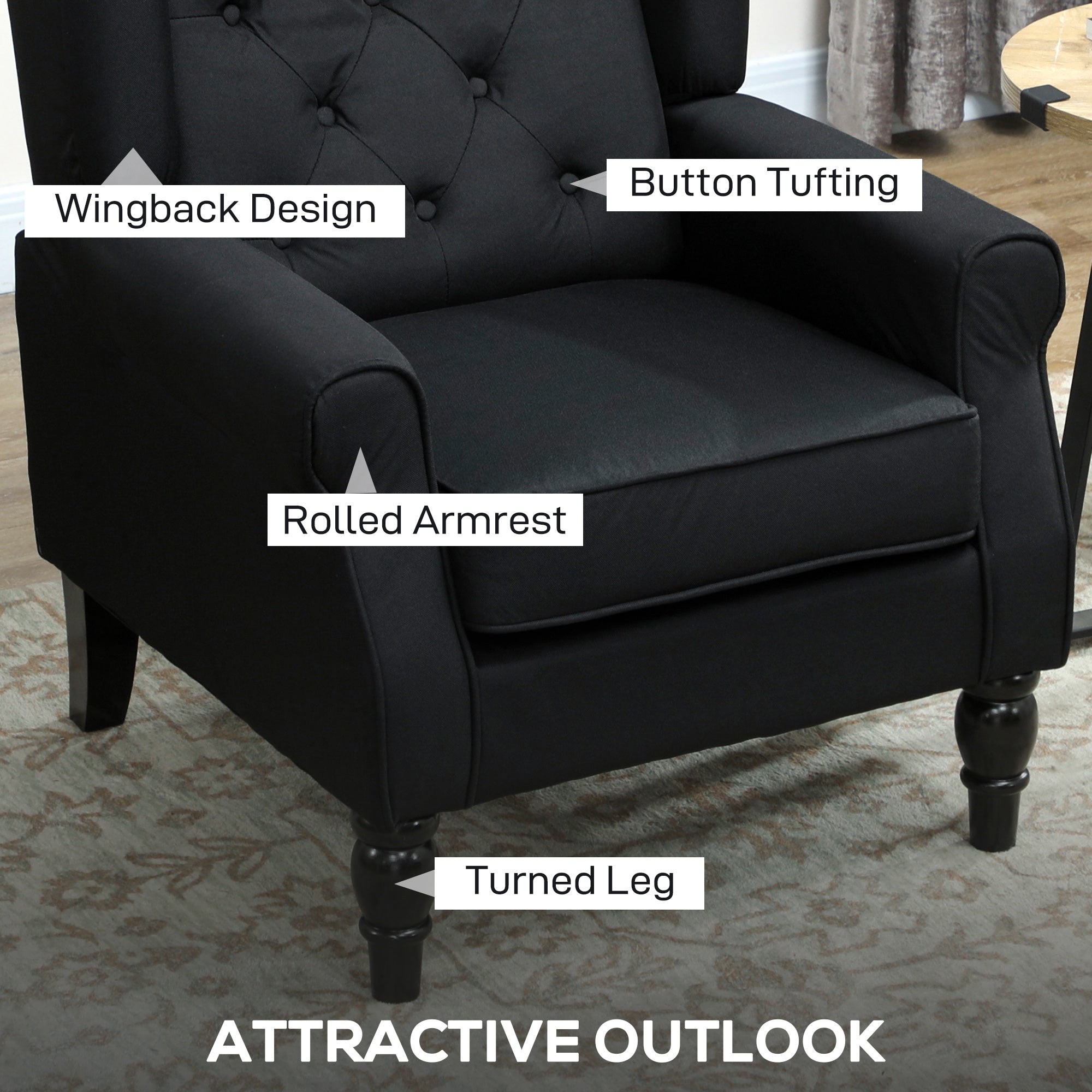 Wingback Accent Chair, Faux Linen Armchair with Thick Spring Cushion, High Back, Solid Wood Legs, Retro Button Tufted Reading Chair for Living Room, Bedroom, Black