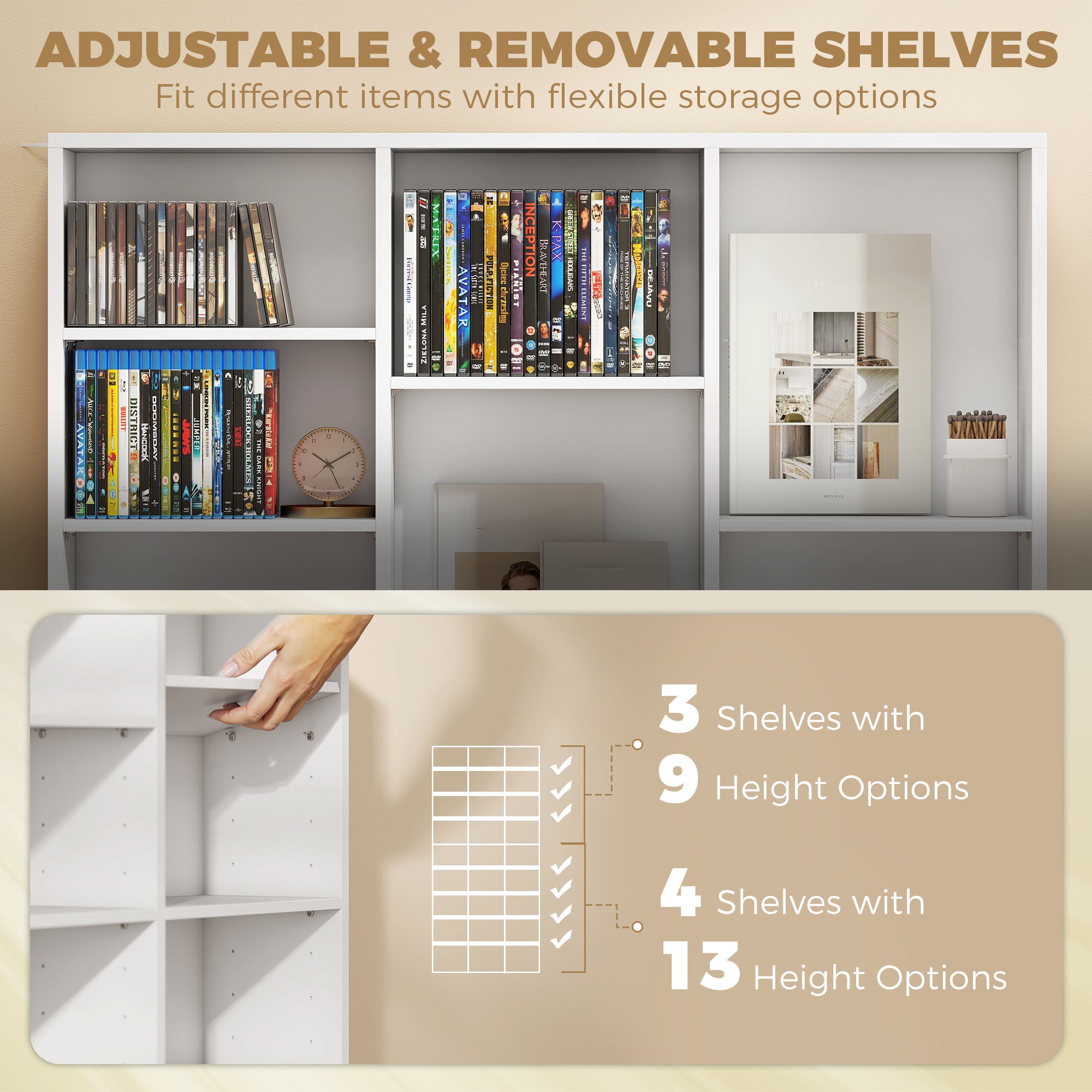 835 CD/500 DVD Storage Unit, Blu-ray Media Storage Shelf with 27 Compartments and 21 Adjustable Shelves, White