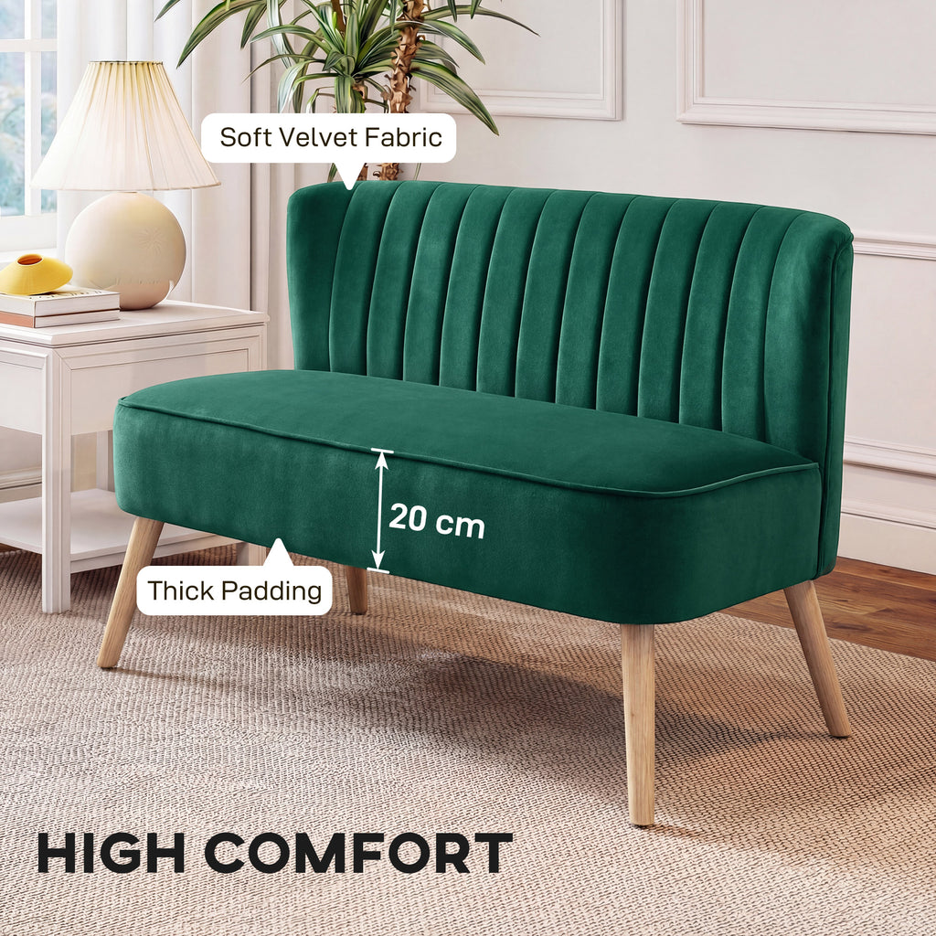 117cm Loveseat Sofa Upholstered Small 2 Seater Sofa  with Thick Padded Seat and Rubber Wood Legs, Dark Green