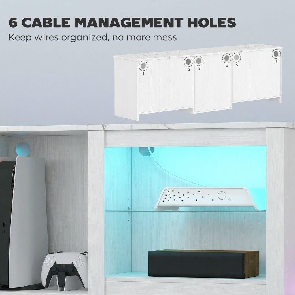 70in TV Stand, with LED Lights and Storage - White