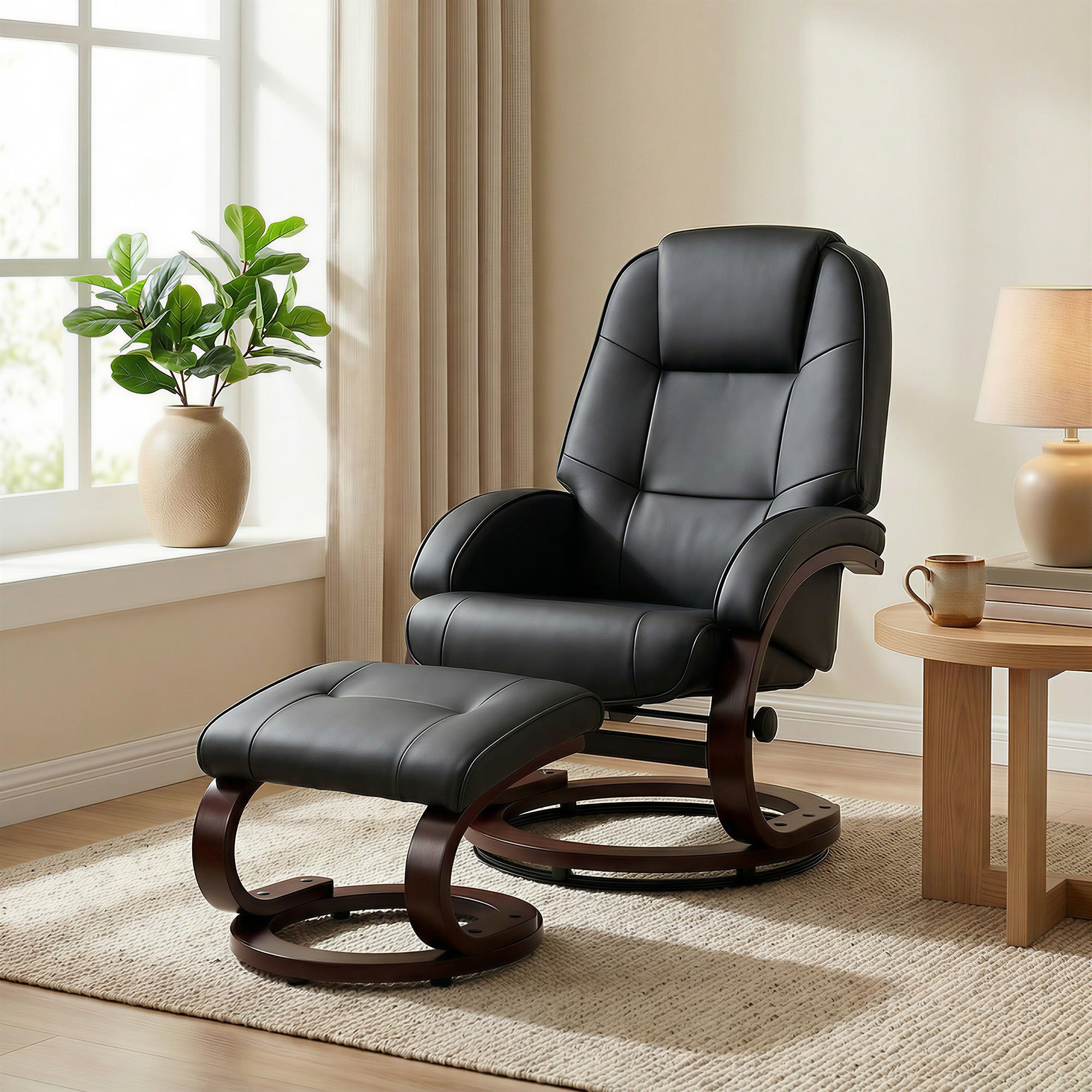 Swivel Recliner Chair with Footstool, PU Leather Recliner Armchair with Adjustable Back and Wood Frame, Black
