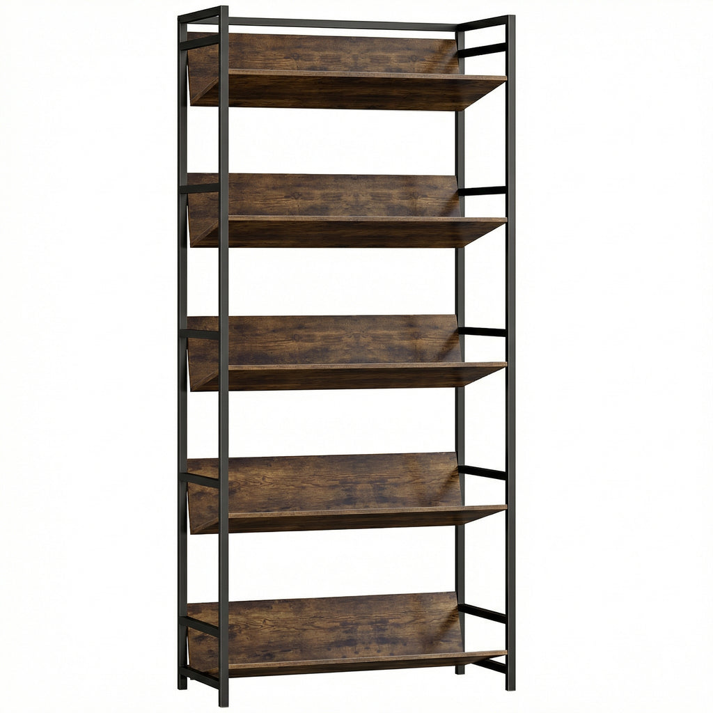 Bookshelf 5-Tier Metal Frame Room Divider Bookcase Storage Shelves for Living Room Rustic Brown