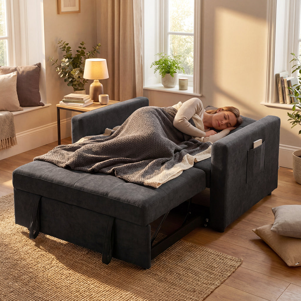 Loveseat Sofa Bed, Convertible Bed Settee with 2 Pillows, Side Pockets, Black