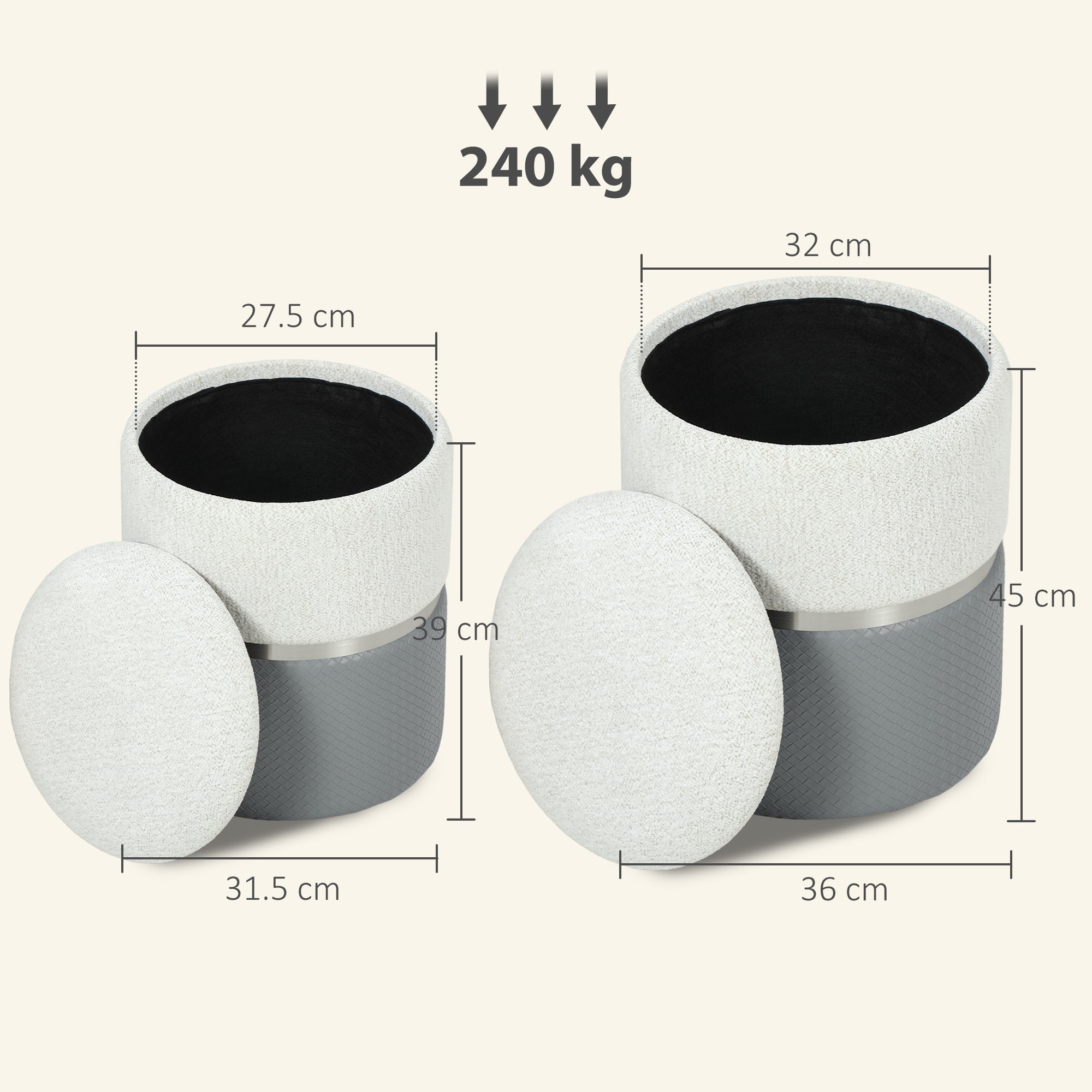 Nesting Round Ottoman with Storage Set of 2 - Cream/Grey