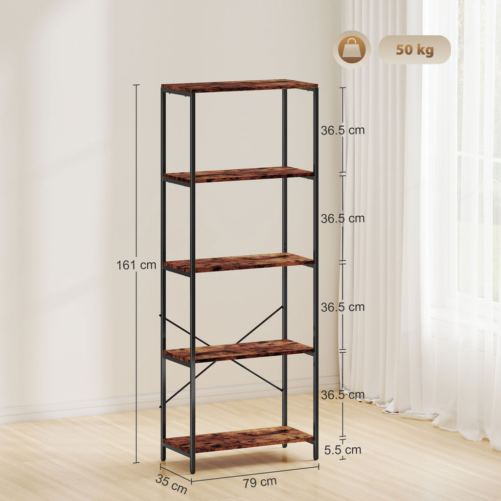 5-Tier Bookshelf, Industrial Bookcase with Metal Frame - Rustic Brown and Black