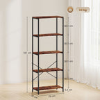 5-Tier Bookshelf, Industrial Bookcase with Metal Frame - Rustic Brown and Black