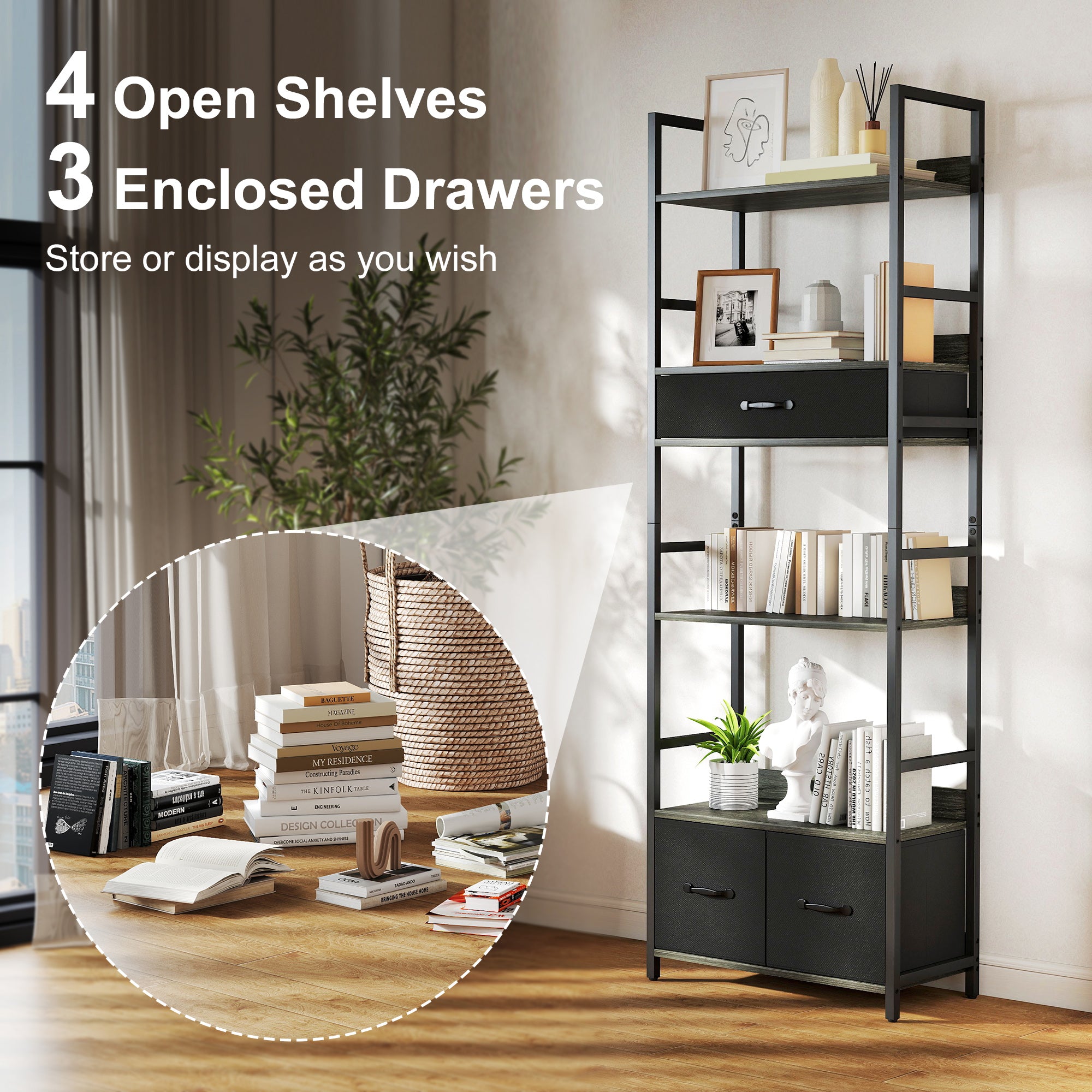 Industrial Style Bookcase, with 4 Shelves and 3 Fabric Drawers - Grey/Black