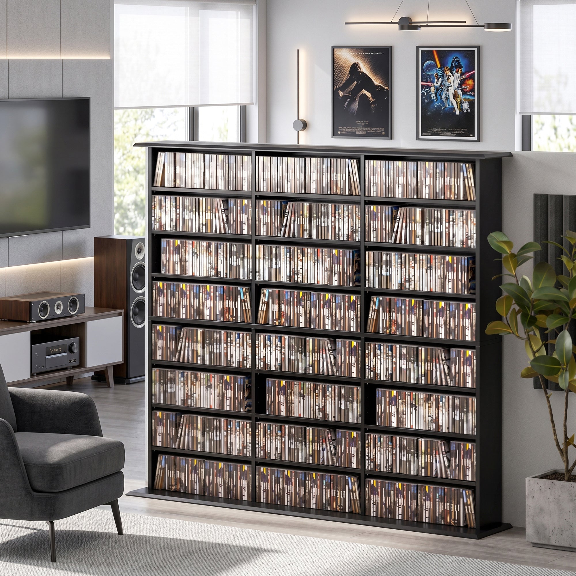 1032 CD/594 DVD Storage Unit, Blu-ray Media Storage Shelf with 24 Compartments and 18 Adjustable Shelves, Black