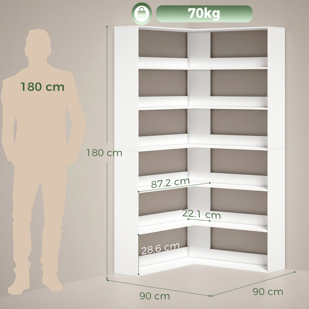 7 Tiers Bookshelf, L-Shaped Corner Bookcase with Anti-Slip Rear Guard, White Wood Effect