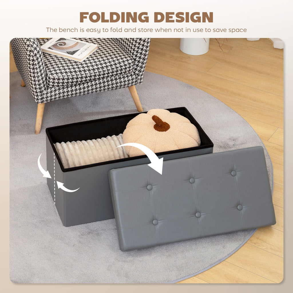 Storage Ottoman Bench, 89L PU Leather Folding Foot Rest Stool, End of Bed Bench, Easy Assembly, for Living Room, Bedroom, Entryway, Grey
